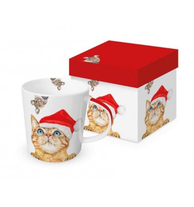 Porcelanowy kubek świąteczny Kot w czapce Mikołaja, 400 ml, PPD
